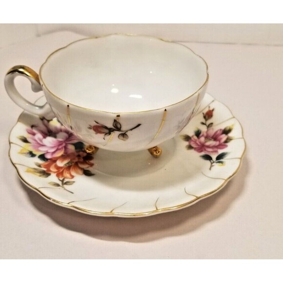 Ucagco China Footed Tea Cup & Saucer Pink Mums and Gold Trim Vintage Japan - Picture 6 of 7